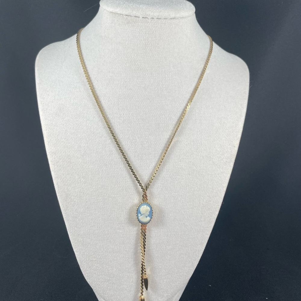 Vintage D’Orlan Gold-Tone Cameo Lariat Necklace with Blue Accent